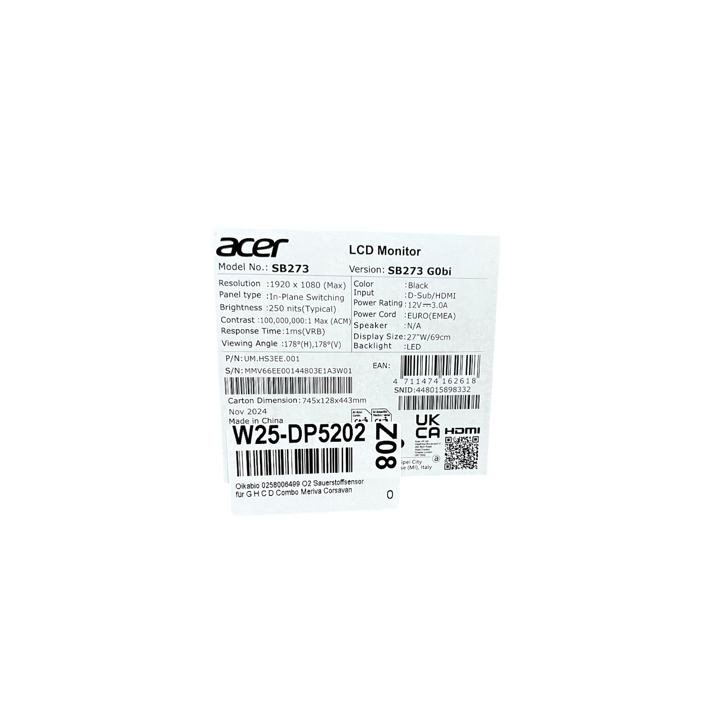 Acer SB3 SB273G0bi Gaming Monitor 27 Zoll (68.6 cm) Full HD 120Hz 1ms VGA HDMI | Retourware