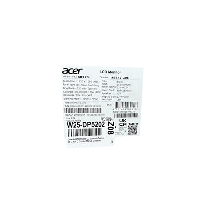 Acer SB3 SB273G0bi Gaming Monitor 27 Zoll (68.6 cm) Full HD 120Hz 1ms VGA HDMI | Retourware