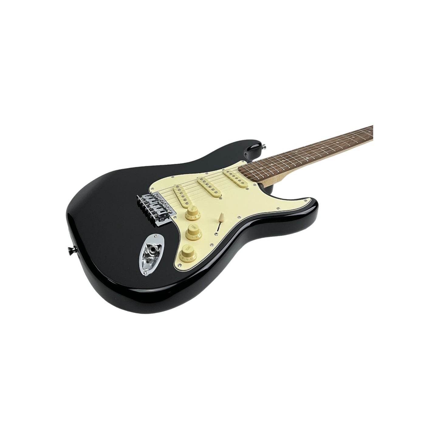 STAGG E Gitarre Standard S Paulownia massiv Schwarz brilliant Linkshänder | Retourware