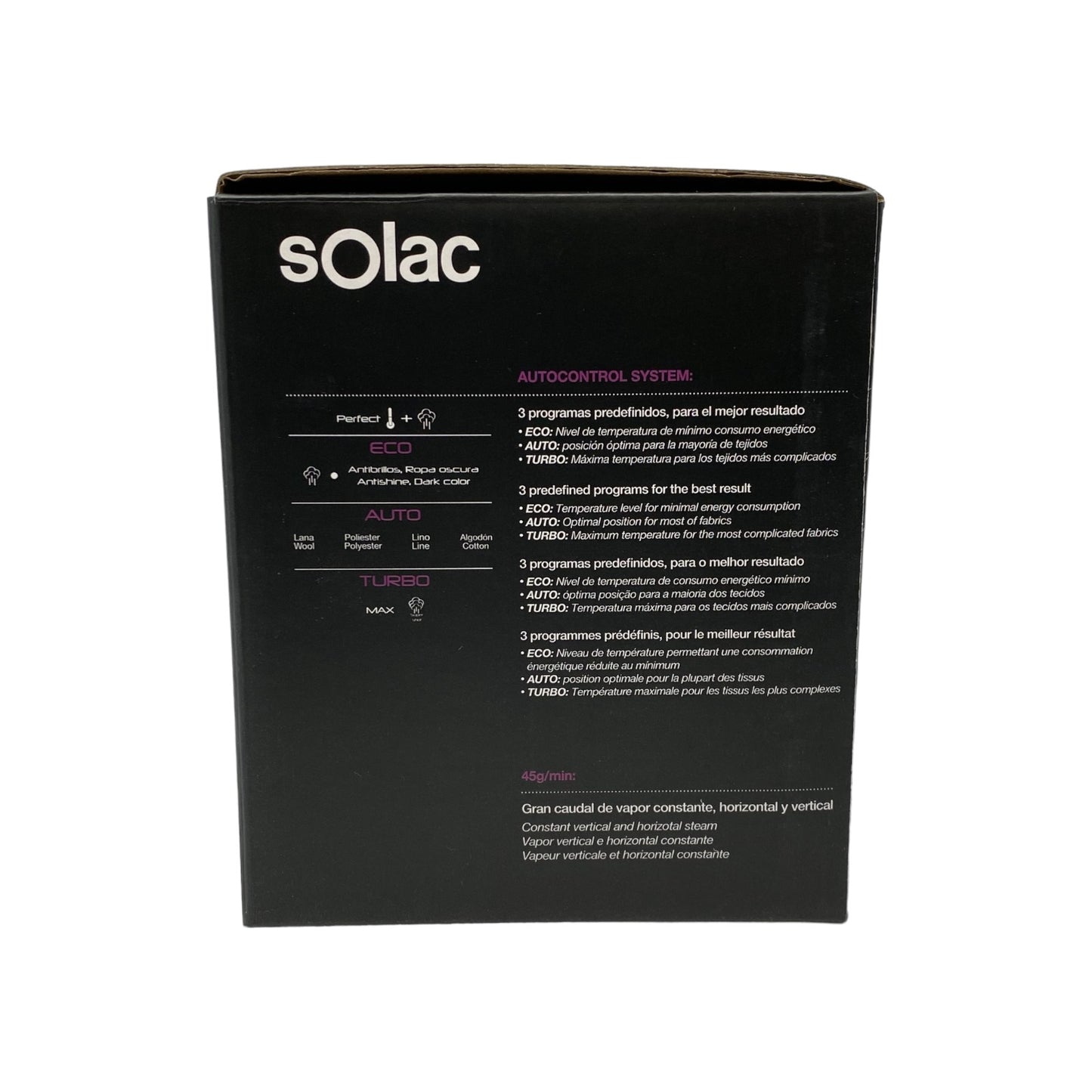 Solac Bügeleisen Dampbügeleisen 2400 Watt 3 Programmstufen Schwarz Lila | Neu